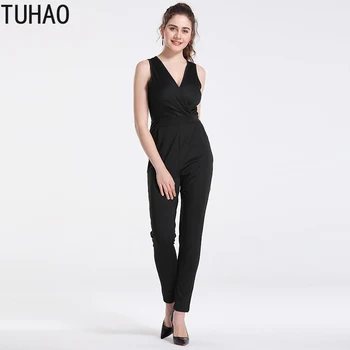 TUHAO office Trakmi Pre Ženy Sexy letné Remienky Bežné tvaru Pevné Dlhé Elastické Pás Ženský Jumpsuit Femme black LZ166