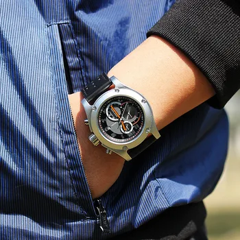 SINOBI Značky Šport Mužov sledovať Kožené watchband Nepremokavé Chronograf Quartzwatch Hodiny Vojenské Náramkové hodinky Muž Prúd RU lode