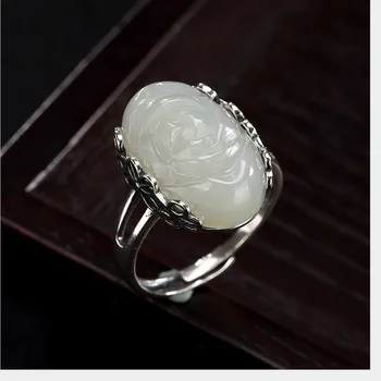 Uglyless Reálne Pevné 925 Sterling Silver Ručné Kvetinový Prst Prstene pre Ženy Prírodné Jade Rose Otvoriť Krúžok Etnických Jemné Šperky