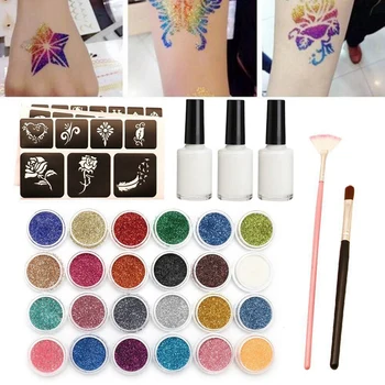 24 Farbu, Lesk Semi-Permanentné Malé Tetovanie Lepidlo Multicolor Lesk Tetovanie Prášok Dočasné Tetovanie Orgán Maľovanie Auta