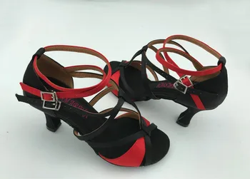 Fashional sála latinské tanečné topánky salsa tango obuv black red satin pre ženy 6232BR
