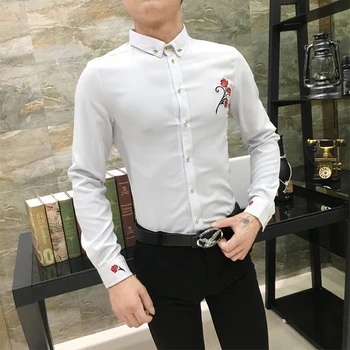2020 Jeseň Nové Pánske Rose Tričko kórejský Módne Bežné Mužov Výšivky Tričko Dlhé rukávy Slim Fit Výšivky Pánske Tričko
