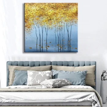 Krásny obraz pre svadobné dekorácie Handmade plátno olejomaľba zlato stromy wall art visí obraz pre obývacia izba