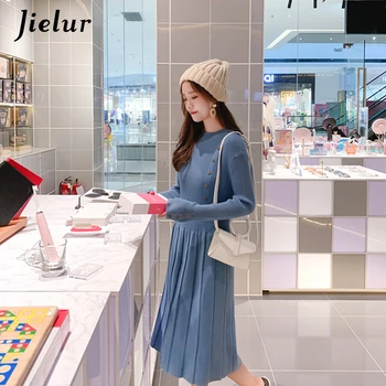 Jielur Pletené Skladaný Šaty Nové Zimné Elegantný Štíhly Kórejský Farbou Tlačidlo Voľný Čas Sveter Šaty 2020 Jeseň Vestidos Verano