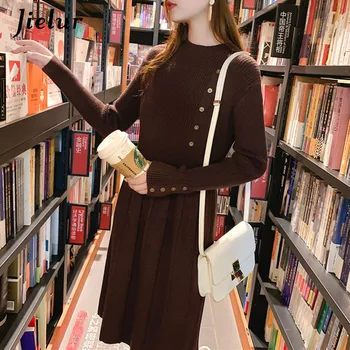 Jielur Pletené Skladaný Šaty Nové Zimné Elegantný Štíhly Kórejský Farbou Tlačidlo Voľný Čas Sveter Šaty 2020 Jeseň Vestidos Verano