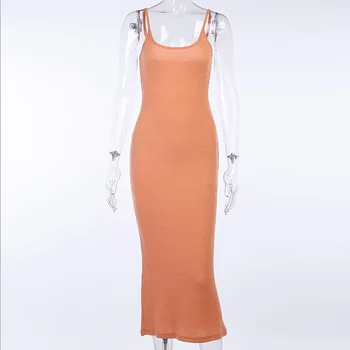 Orange Bavlna Rebrovaný Split Sexy Dlhé Šaty Žien Night Club Oblečenie Elegantné Šaty 2020 Lete Popruh Slim Party Šaty Vestidos
