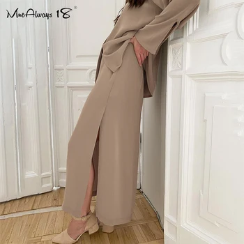 Mnealways18 Vintage Nadrozmerné Ženy Oblečenie Voľné Tričko A Dlhé Sukne 2 Ks Office Bežné Ženské Štrbinou High-V Strede Zúžený Sukne, Obleky