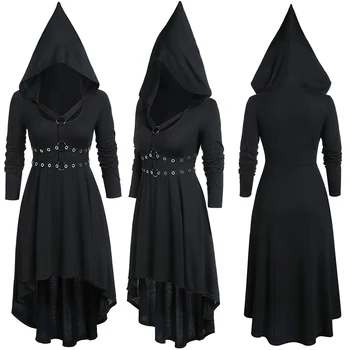 2020 Gotické Šaty Žien Kostýmy Tmavo Čierne Goth Šaty Vintage Pulóver Nepravidelný Skladaný Dlhé Šaty Vestido Dropship s Kapucňou