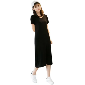 Dámske Letné šaty Krátke rukáv Šaty 2020 Nový Štýl V-krku Base mäkké Čierne Šaty Slim Modálne bežné Dlhé šaty