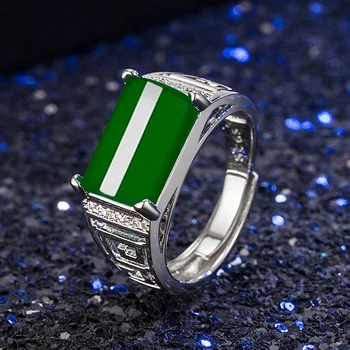 Luxusné Retro 925 Silver Mužov Krúžok Geometrické Prírodné Green Jade Emerald Otvoriť Snubný Prsteň Strany Človeka, Šperky, Darčeky Kvapka Loď