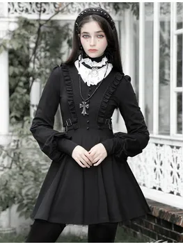 PUNK RAVE Dievča Lolita francúzske Retro, Čierne Šaty Temperament Rozstrapatené Wild Pás Tenké Jeseň Zima Vintage Sladké Šaty