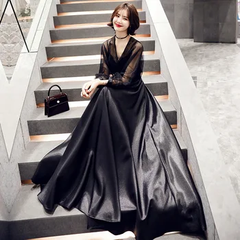 Black Lady Party Šaty Svietidla Rukáv dámske V-Neck Večer Cheongsam Elegantné Dlhé Qipao Slim Plášte Vestidos XS-XXL