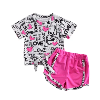 Móda Deti, Baby, Dievčatá Oblečenie Nastaviť Krátky Rukáv Srdce Print T shirt Top +Šortky Deti, Dievčatá, Príležitostné Letné Oblečenie