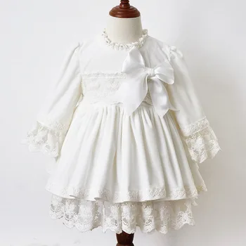 3KS 0-12Y Biely Zamat Jeseň Zima Baby Girl Vintage Šaty španielskej Pompom Princezná Lolita Šaty Narodeninovej Party Šaty pre Dievča