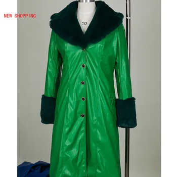 2021 X-dlhý Kožený Kabát Kožušiny Golier Zimné Farbou Klope PU Zips Plus Veľkosť Kabát Bežné Dámske Bundy Parkas Čierne Nové