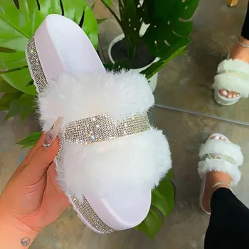 Letné Luxusné Ženy Papuče Chlpaté Hornej Crystal Platformu Päty Farbou Vonkajší Pláži Listov Sexy Comfor Sandále Dámske Topánky