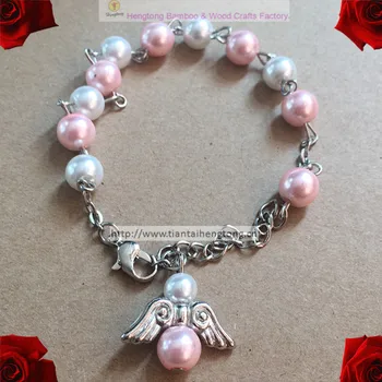 Ružová, biela 8mm sklo imitácia perly ruženca náramok,náboženské náramok, umelé perly náboženské náramok s anjelom krídla prívesok