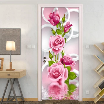 2 Ks/Set 3D Ruže Kvet Tvorivé Dvere Nálepky DIY nástennú maľbu Spálňa Domova Plagát PVC Vodotesná, Dvere, Tapety, Nálepky