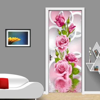 2 Ks/Set 3D Ruže Kvet Tvorivé Dvere Nálepky DIY nástennú maľbu Spálňa Domova Plagát PVC Vodotesná, Dvere, Tapety, Nálepky