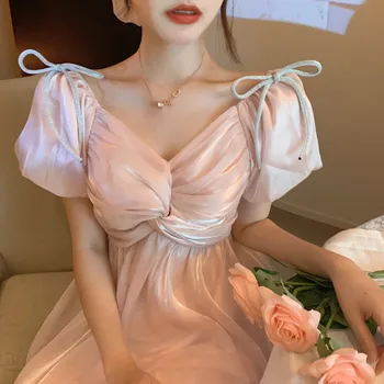 Elegantný Francúzsky Šaty Žien Ružovej Čipky Šifón Lístkového Rukáv Víla Šaty Príležitostné Letné Japonskom Štýle Vintage, Retro Kórejský Šaty 2020