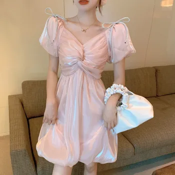 Elegantný Francúzsky Šaty Žien Ružovej Čipky Šifón Lístkového Rukáv Víla Šaty Príležitostné Letné Japonskom Štýle Vintage, Retro Kórejský Šaty 2020