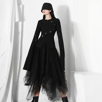 LANMREM multi tlačidlo čierna Jeseň 2020 s svetlice rukávy street nosiť okrúhle tvaru pravidelného zrastov T-shirt ženskej módy príliv 2A1384
