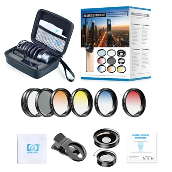 APEXEL 9in1 37mm Gradient filter Lens Kit 0.45 x širokú+15x makro Objektív Postupné Modrá Červená Farba Filter+CPL+ND+Star Filter pre telefóny