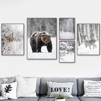Lesa Medveď, Jeleň Zime Sneh Krajina Wall Art Plátno Na Maľovanie Nordic Plagáty A Potlačou Obrazov Na Stenu Pre Obývacia Izba Dekor