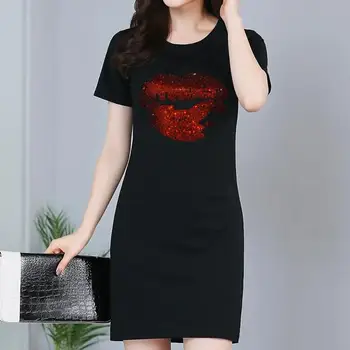 Plus veľkosť 3XL! letné nové módne hot vŕtanie svetlé červené pery-krátke rukávy vytlačené T-shirt dress