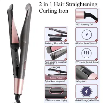 Nové Keramické Turmalín Ploché Železo Hair Straightener & Curler 2 v 1 Twist Doska Duálne Napätie Cestovné LCD Displej Vlasy Styling Nástroj