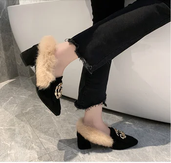 Chlpaté topánky dámske topánky reálne králik kožušiny vonkajšie nosenie 2020 jesenné a zimné nové vysoké podpätky hrubé podpätky plus velvet plátenné topánky