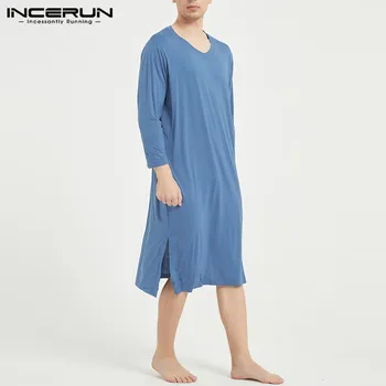 INCERUN Farbou Muži Takí Sleepwear Dlhý Rukáv Mäkké Pohodlné oblečenie pre voľný čas V Krku Voľné Voľný čas Nightgown Mužov Župany S-3XL