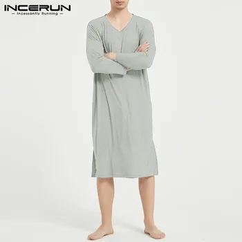 INCERUN Farbou Muži Takí Sleepwear Dlhý Rukáv Mäkké Pohodlné oblečenie pre voľný čas V Krku Voľné Voľný čas Nightgown Mužov Župany S-3XL
