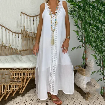 Plus Veľkosť Biele Čipky Šaty 2020 Ženy Sundress Letné Šaty, Sexy Šaty, Tvaru Dot Duté Asymetrické Lem Pláži Vestidos