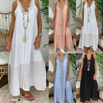 Plus Veľkosť Biele Čipky Šaty 2020 Ženy Sundress Letné Šaty, Sexy Šaty, Tvaru Dot Duté Asymetrické Lem Pláži Vestidos