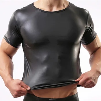 Mens T-shirts Sexy Krátky Rukáv Faux Kožené T shirt Pre Mužov Clubwear Strany Spôsobilosť Topy Gay Undershirts Plus Veľkosť