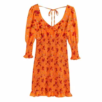 Pre lásku, Pivónia Mini Šaty Orange S Volánikmi Popruhy Námestie Krku Lístkového Rukáv Backless Elastické Plážové Šaty Ženy