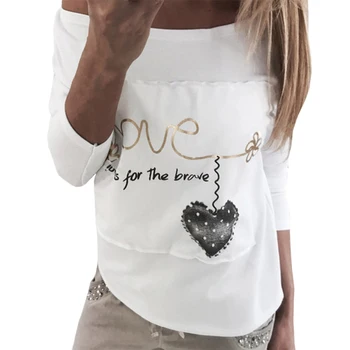 T-shirt Topy Ženy Móda Žena Dlhým rukávom Písmená Lásku Tlač Srdce Šitie Biely Ramenné Bežné dámske Tričko