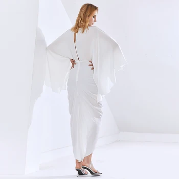 TWOTWINSTYLE Biele Šaty Pre Ženy V Krku Motýľ Dlhý Rukáv Vysoký Pás Duté Sa Autor Ruched Šaty Žena 2020 Lete