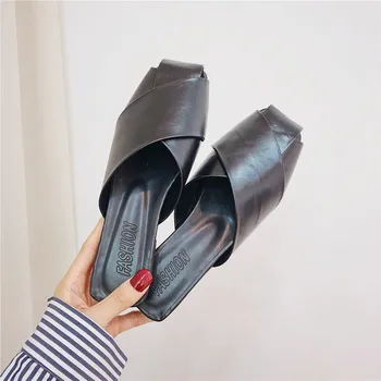 SLHJC Ženy Kožené Papuče Štvorcové Prst Tkaných Topánky s Nízkym Podpätkom Módne Sandále Bežné Mimo Ťahá Listov