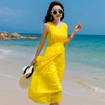 Tcyeek Letné Plážové Šaty Žien Dlho Party Šaty Žltej Vestidos bez Rukávov Hodváb, Elegantné Šaty Maxi Šaty Bežné LWL1530