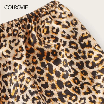 COLROVIE Leopard Tlač Čipkou Trim Satin Cami PJ Nastavenie 2020 Sexy Letné Pyžamo bez Rukávov Ženy Krátke Sety Dámy Pajama Nastaviť
