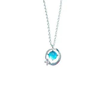 Nový Kórejský Štýl Modré Crystal Star 925 Sterling Silver Šperky Temperament Sladké Jednoduché Módy Planéty Náhrdelníky H457