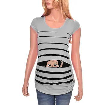 Materskej roztomilý funny baby tlač pruhované tričko krátky rukáv tehotné topy tehotenstva oblečenie zábavné ošetrovateľskej topy materskej
