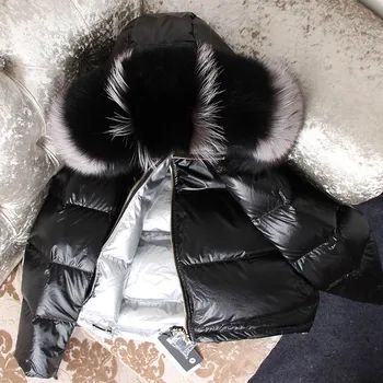 Maomaokong prírodné fox kožušiny golier voľné krátke dole kabát sliver, biele kačacie zimné jacke t park