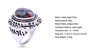 Prírodné Indickej Achát Antique Silver Ring Tichom Onyx Kameň Oválne nastavenie Duté z Hradu Vintage Mužov Prst Prstene pre Ženy