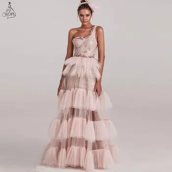 2021 Couture Prašnom Ružová Dlho Prom Šaty Jedno Rameno Tier Sukne Iskru Líniové Elegantné Večerné Šaty Riadok Bodice vestidos