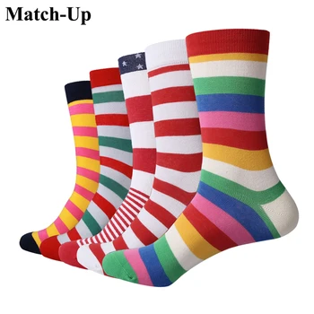 Match-Up Mužov Farebným Pruhom série Bavlnené Ponožky argyle Bežné Posádky Ponožky (5 Párov/Lot) NÁS 7.5-12