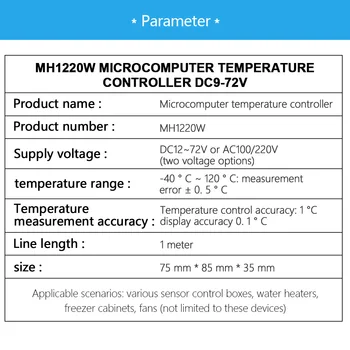 MH1220W AC 110-220V DC 12-72V 10A Duálne Zobrazenie Digitálne Ovládanie Teploty Termostat Regulátor Regulátor NTC 10K Senzor Sondy