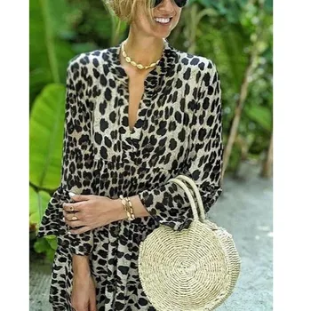 40# Dámske Dovolenku Šaty V Krku Leopard Tlač Dlhé Šaty Dámske Letné Krátke Rukávy Beach Party Šaty Žien Elegantné Šaty